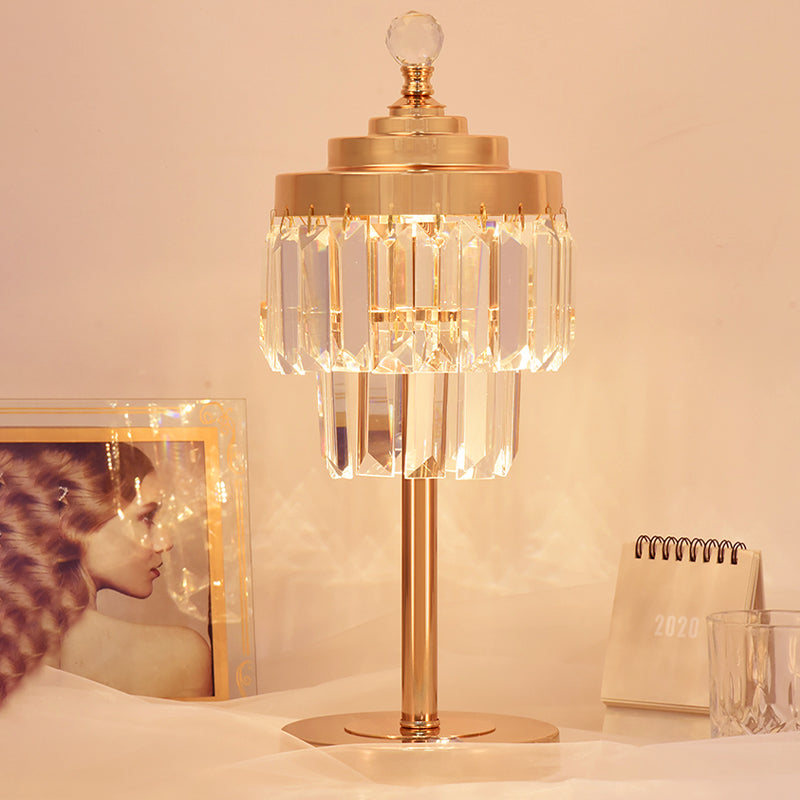 Vintage Gold Led Table Lamp With Beveled Crystal Prism - 2 Tiers Bedroom Nightstand Light / A