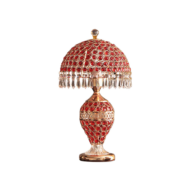 Retro Red Crystal Night Lamp With Gold Dome Lampshade: Table Light Droplet