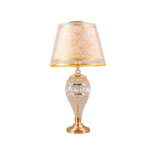 Traditional Crystal Teardrop Table Lamp With Patterned Fabric Shade - Gold Finish