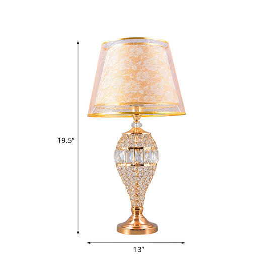 Traditional Crystal Teardrop Table Lamp With Patterned Fabric Shade - Gold Finish