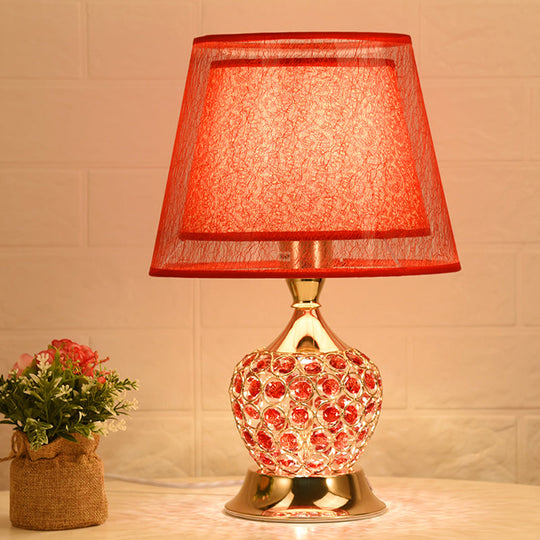 Retro Urn Crystal Nightstand Lamp With Dual Empire Shade In Red/Gold - 1 Light Table Lighting