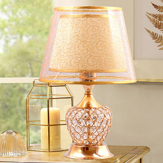 Retro Urn Crystal Nightstand Lamp With Dual Empire Shade In Red/Gold - 1 Light Table Lighting