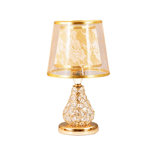 Rustic Conical Fabric Night Lamp With Crystal-Encrusted Gold Base