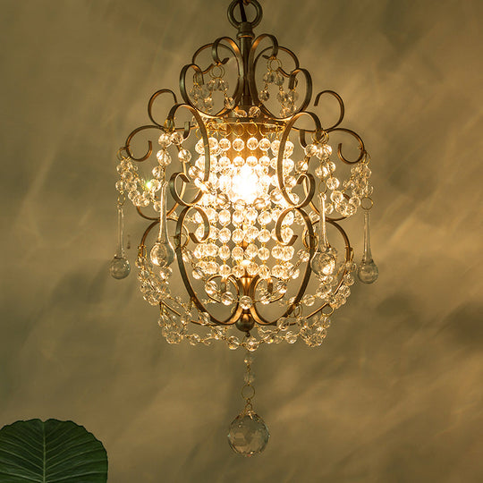 Retro Gold/Bronze Pendant Lamp With Crystal Beaded Scroll Arm - Hall Lighting Gold