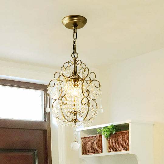 Retro Gold/Bronze Pendant Lamp With Crystal Beaded Scroll Arm - Hall Lighting