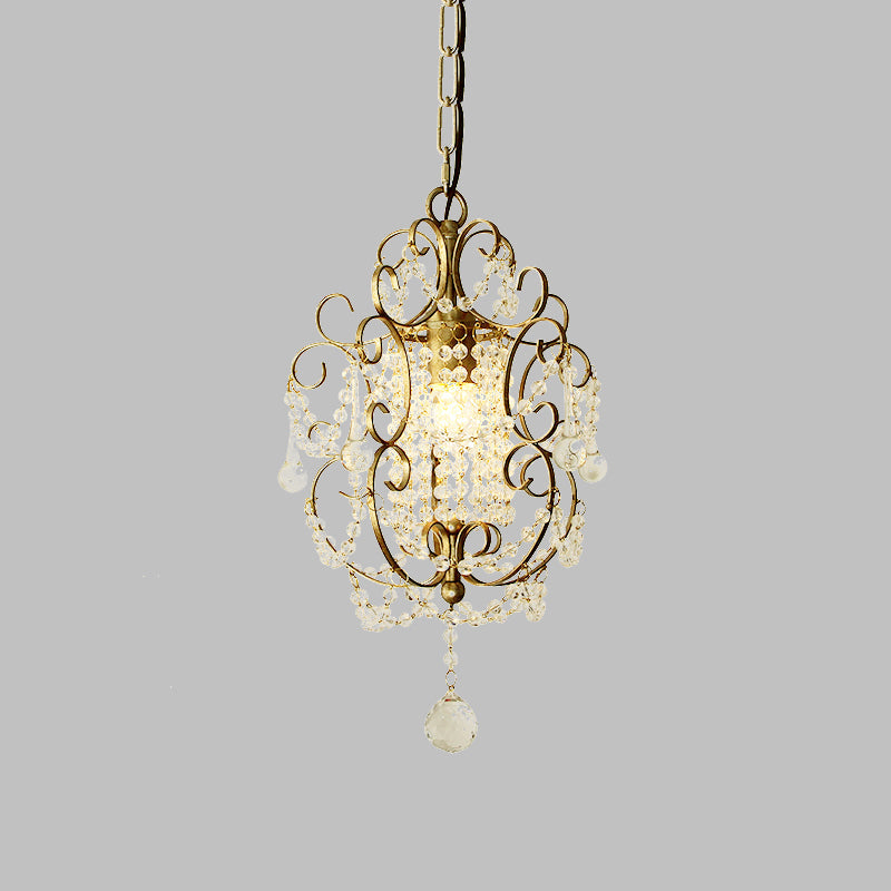 Retro Gold/Bronze Pendant Lamp With Crystal Beaded Scroll Arm - Hall Lighting