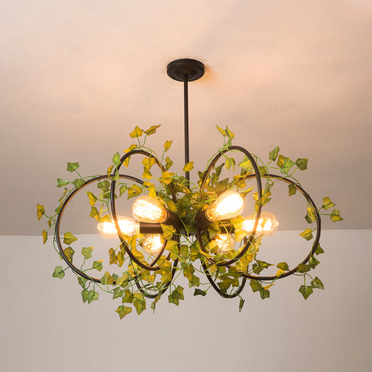 Metallic 6-Light Chandelier with Green Plant Deco for Farm Style Dining Room