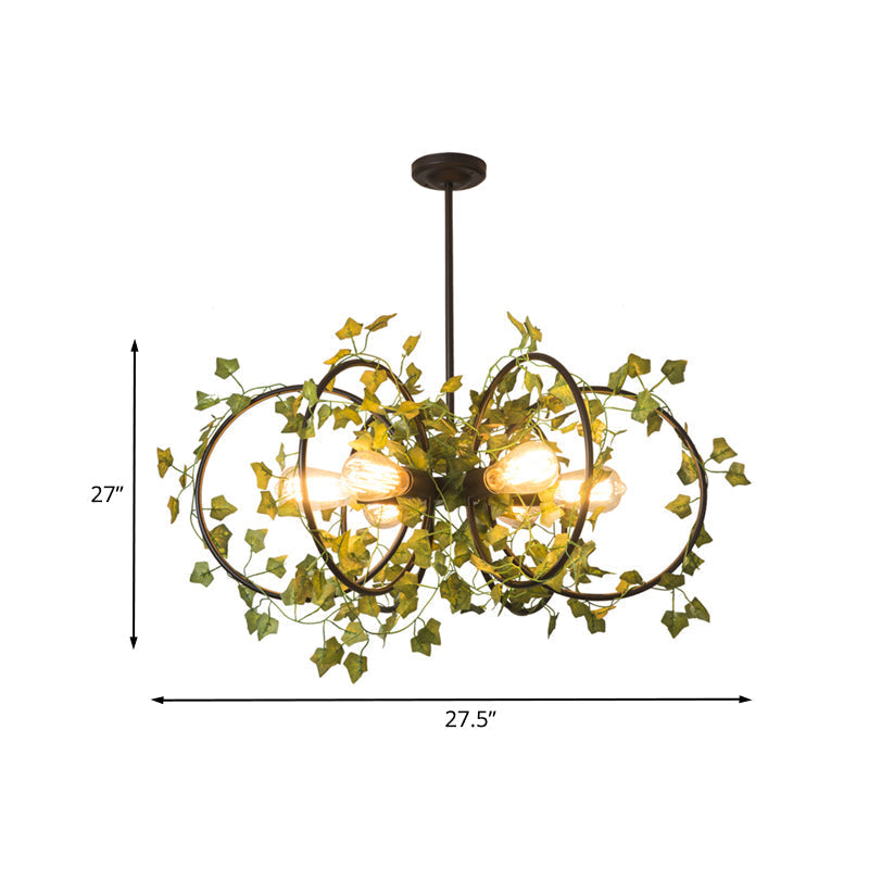 Metallic 6-Light Chandelier with Green Plant Deco for Farm Style Dining Room