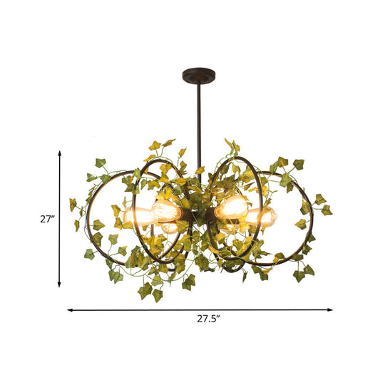 Metallic 6-Light Chandelier with Green Plant Deco for Farm Style Dining Room