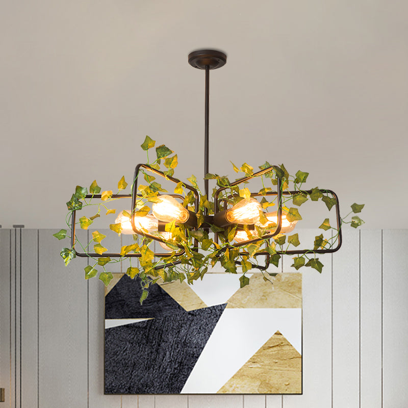 Metallic 6-Light Chandelier with Green Plant Deco for Farm Style Dining Room