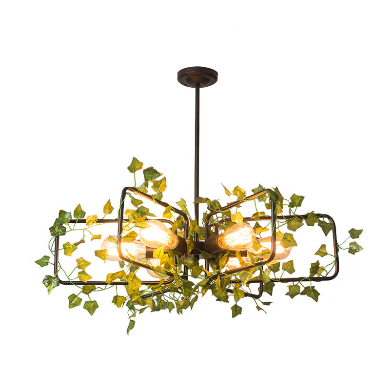 Metallic 6-Light Chandelier with Green Plant Deco for Farm Style Dining Room