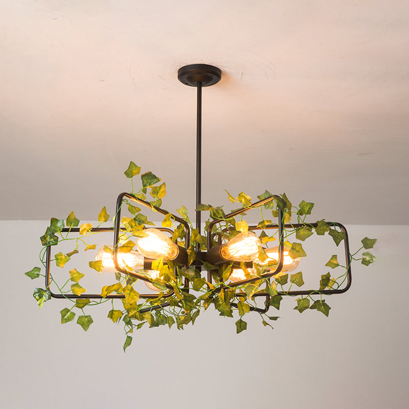 Metallic 6-Light Chandelier with Green Plant Deco for Farm Style Dining Room