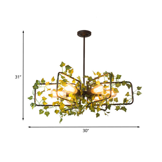 Farm Style Hanging Chandelier With 6 Metallic Lights And Green Plant Deco - Black Round/Rectangle