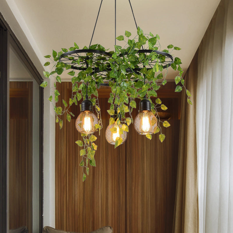 21.5/35.5 Metal Cluster Pendant Warehouse Black Wheel And Orb Cage Hanging Lamp With Green Vine For