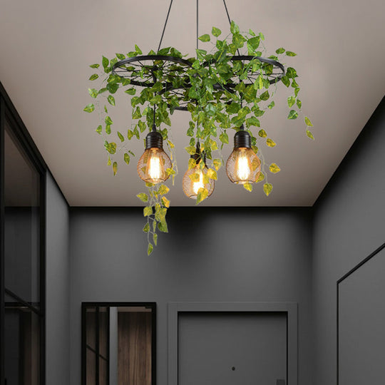 21.5/35.5 Metal Cluster Pendant Warehouse Black Wheel And Orb Cage Hanging Lamp With Green Vine For