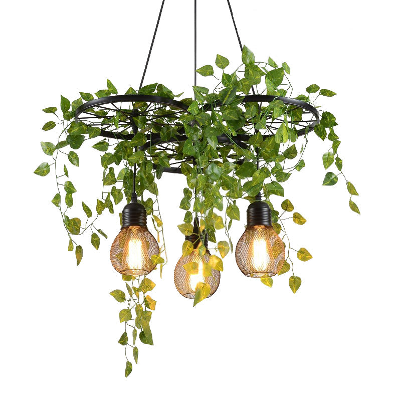 Industrial Metal Cluster Pendant with 3 Heads, Warehouse Black Wheel Design, Dining Room Hanging Lamp, 21.5"/35.5" Width, Green Vine accent