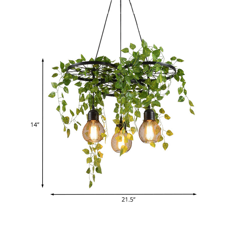 21.5/35.5 Metal Cluster Pendant Warehouse Black Wheel And Orb Cage Hanging Lamp With Green Vine For