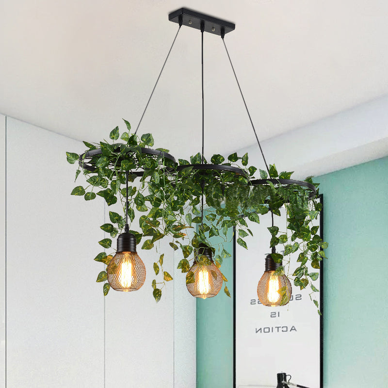 21.5/35.5 Metal Cluster Pendant Warehouse Black Wheel And Orb Cage Hanging Lamp With Green Vine For