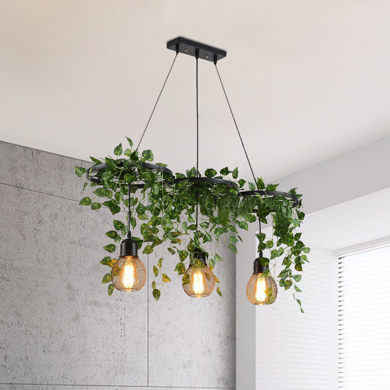 21.5/35.5 Metal Cluster Pendant Warehouse Black Wheel And Orb Cage Hanging Lamp With Green Vine For