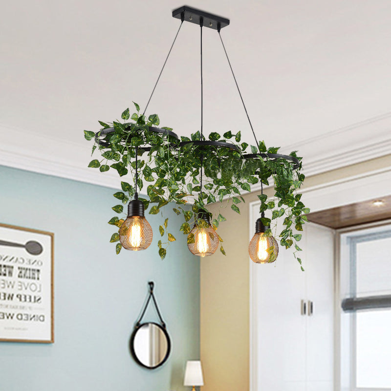 21.5/35.5 Metal Cluster Pendant Warehouse Black Wheel And Orb Cage Hanging Lamp With Green Vine For