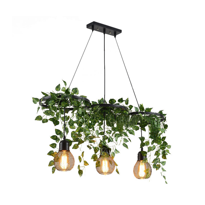 21.5/35.5 Metal Cluster Pendant Warehouse Black Wheel And Orb Cage Hanging Lamp With Green Vine For