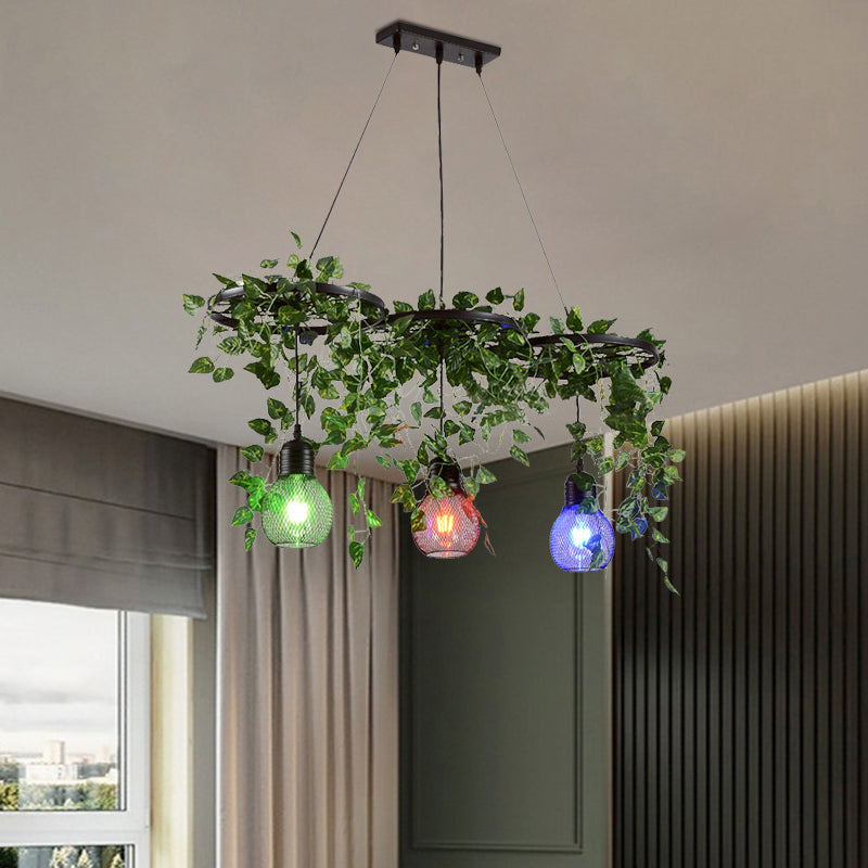 Black Iron Wheel 3-Head Pendant Light with Green Vine Detail and Globe Cage Design