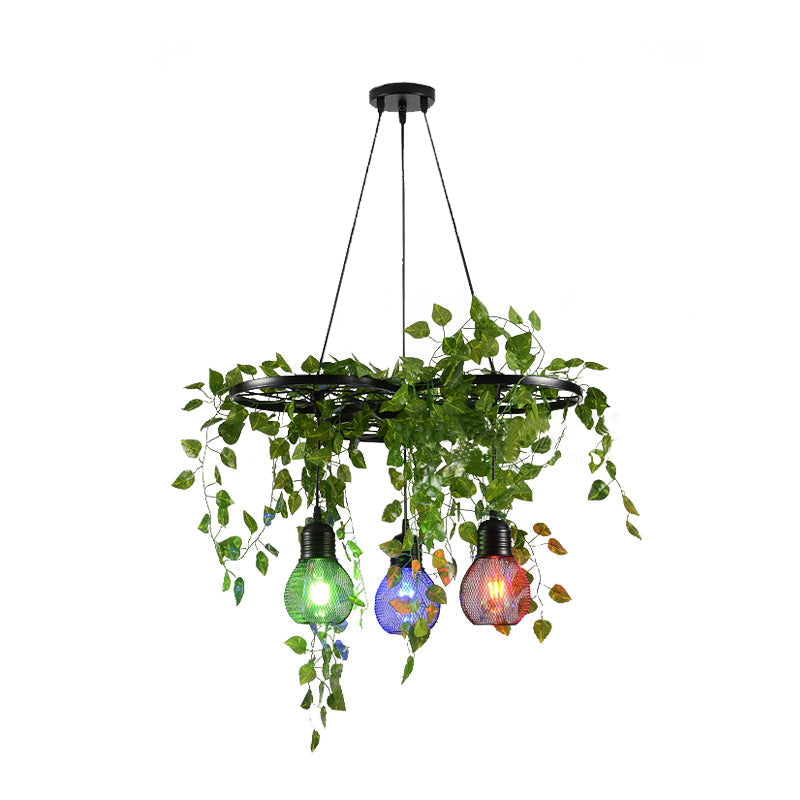 Black Iron Wheel 3-Head Pendant Light with Green Vine Detail and Globe Cage Design