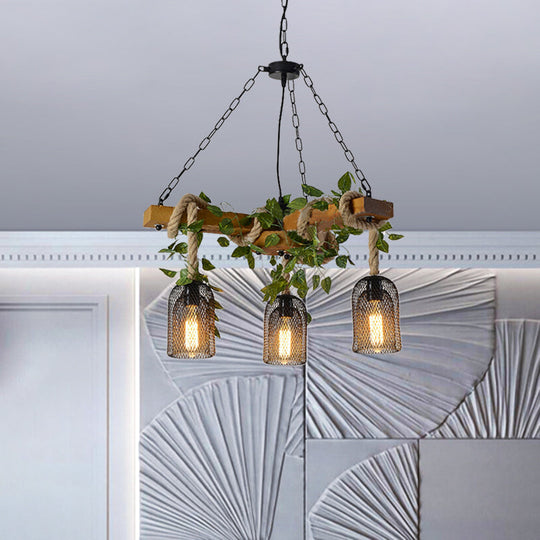 Vintage Metal Brown Chandelier Pendant Light with 3 Bell Cage Heads and Wood Branch Beam Deco