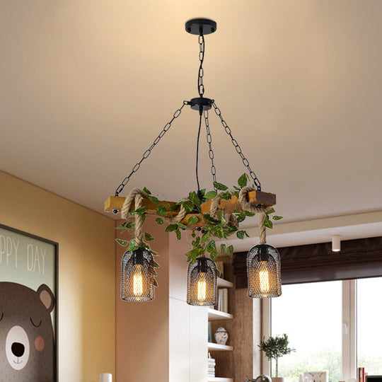 Vintage Metal Bell Cage Pendant Light With Wood Branch Beam And Rope Hanging Kit - Brown 3-Head