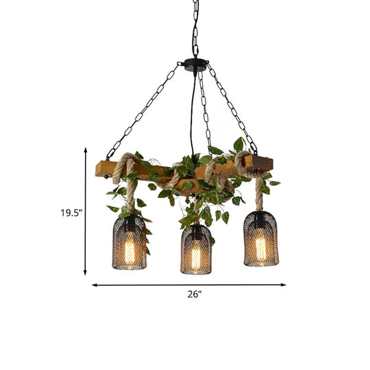 Vintage Metal Brown Chandelier Pendant Light with 3 Bell Cage Heads and Wood Branch Beam Deco