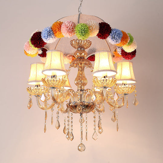 Retro Paneled Bell Suspension Lamp - 6-Bulb Pink Fabric Chandelier With Crystal Accent And Floral