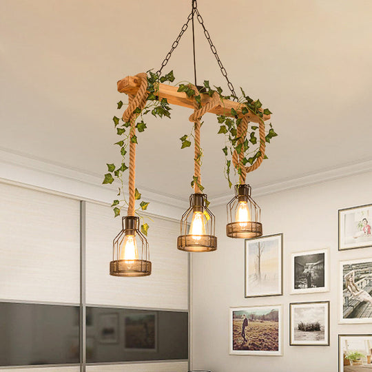 Industrial Metal Caged Island Pendant Light With Rope Hanging Lamp - Brown