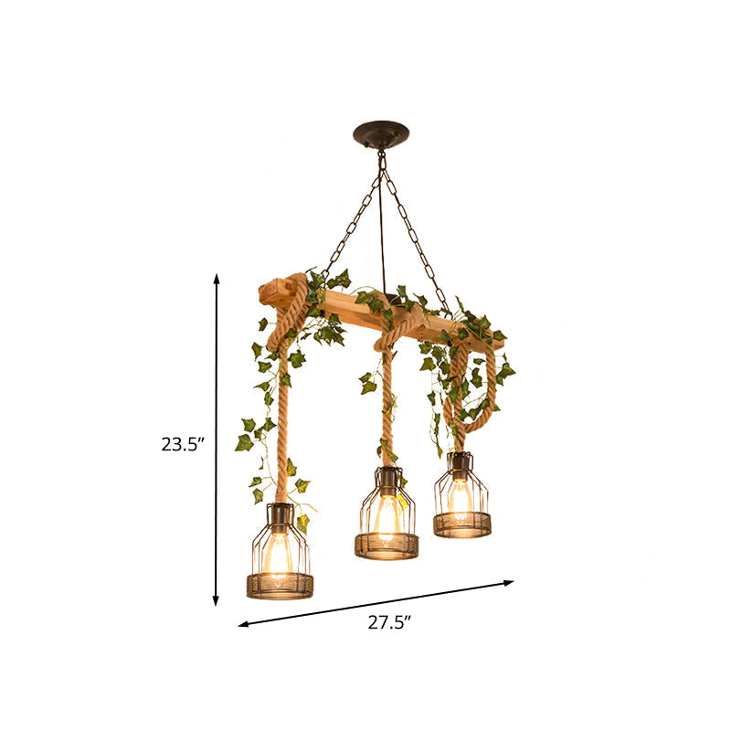 Industrial Metal Caged Island Pendant Light With Rope Hanging Lamp - Brown