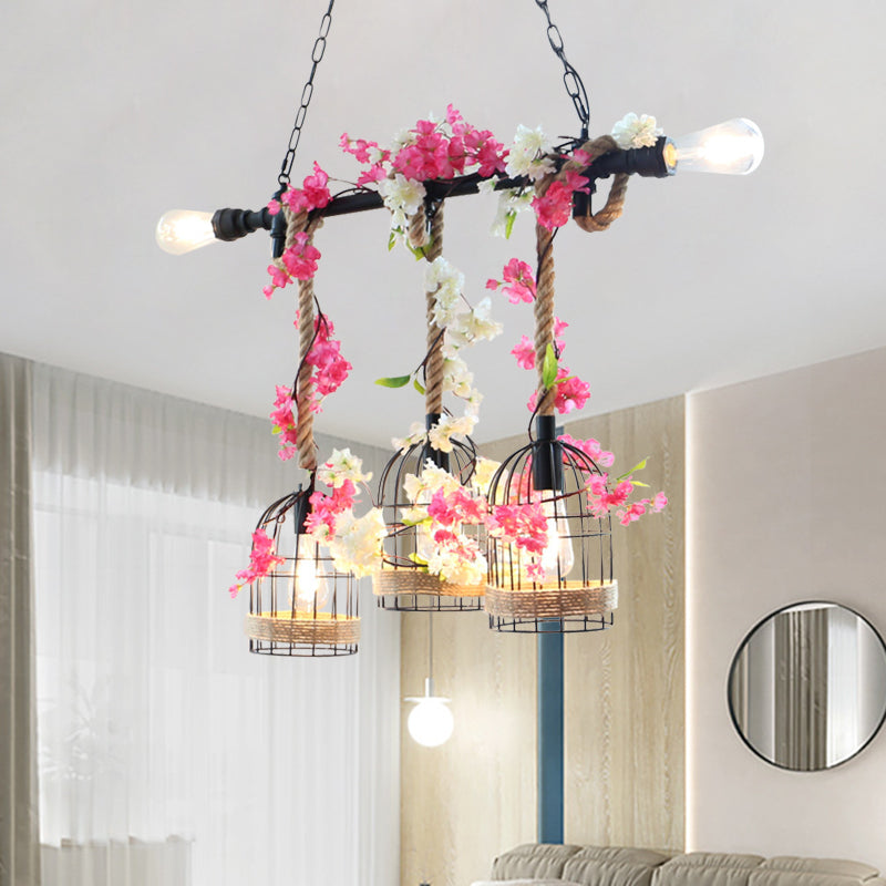 5-Head Birdcage Rope Island Light Fixture: Factory Red/Rose Red Metal Pendant Lamp With Artificial