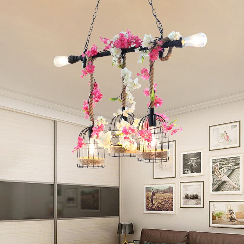 5-Head Birdcage Rope Island Light Fixture: Factory Red/Rose Red Metal Pendant Lamp With Artificial