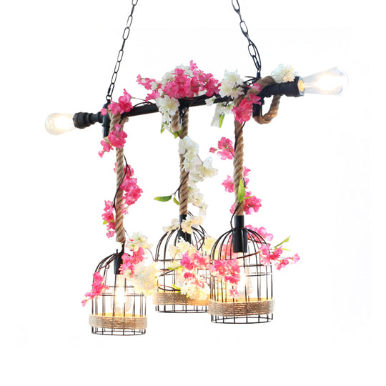 5-Head Birdcage Rope Island Light Fixture: Factory Red/Rose Red Metal Pendant Lamp With Artificial