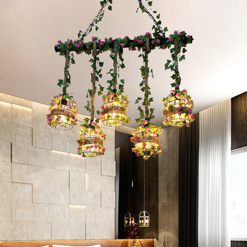 Black Birdcage Metallic Linear Pendant With Rose Vine: 5 Bulbs Rope Island Light Fixture