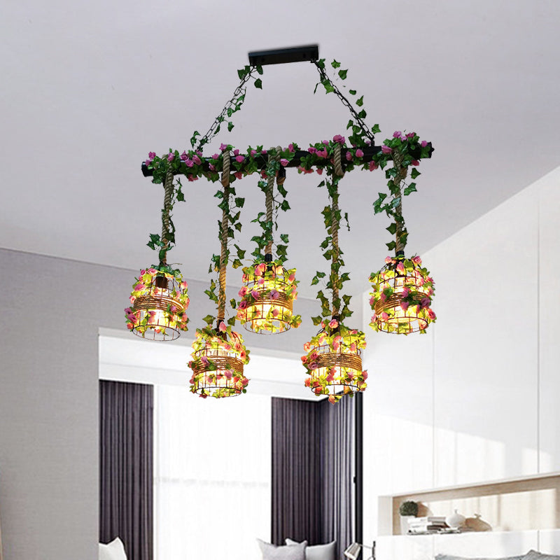 Black Birdcage Metallic Linear Pendant With Rose Vine: 5 Bulbs Rope Island Light Fixture