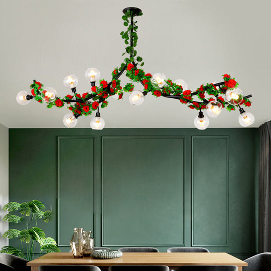 Green Metal Ceiling Mounted Dining Room Lighting with 15 Heads and Red/Pink Flower Vine