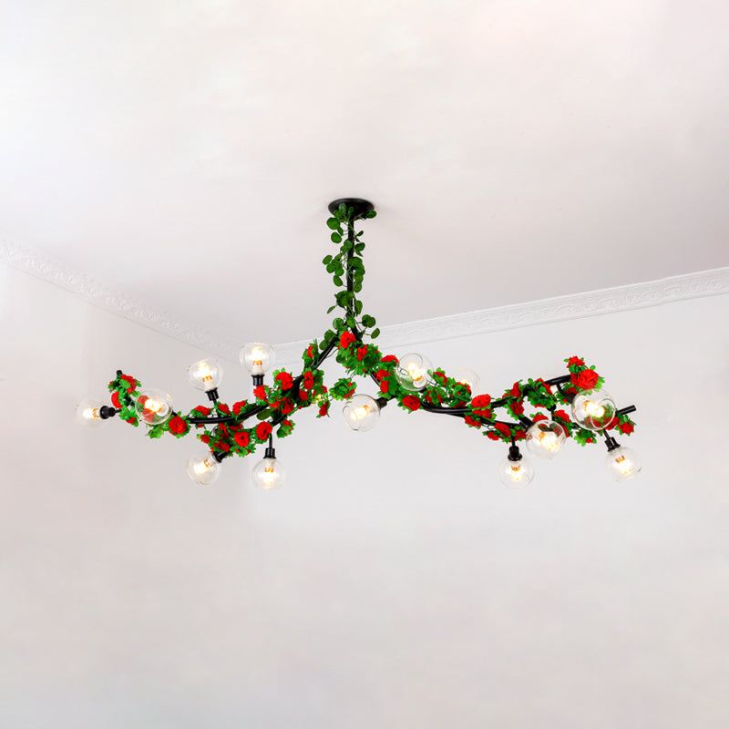 Green Metal Ceiling Mounted Dining Room Lighting with 15 Heads and Red/Pink Flower Vine