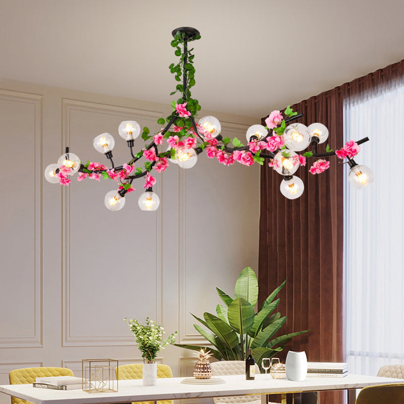 Green Metal Ceiling Mounted Dining Room Lighting with 15 Heads and Red/Pink Flower Vine