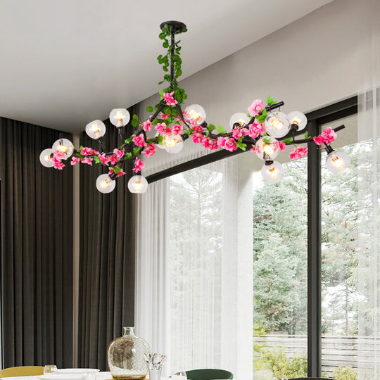 Green Metal Ceiling Mounted Dining Room Lighting with 15 Heads and Red/Pink Flower Vine