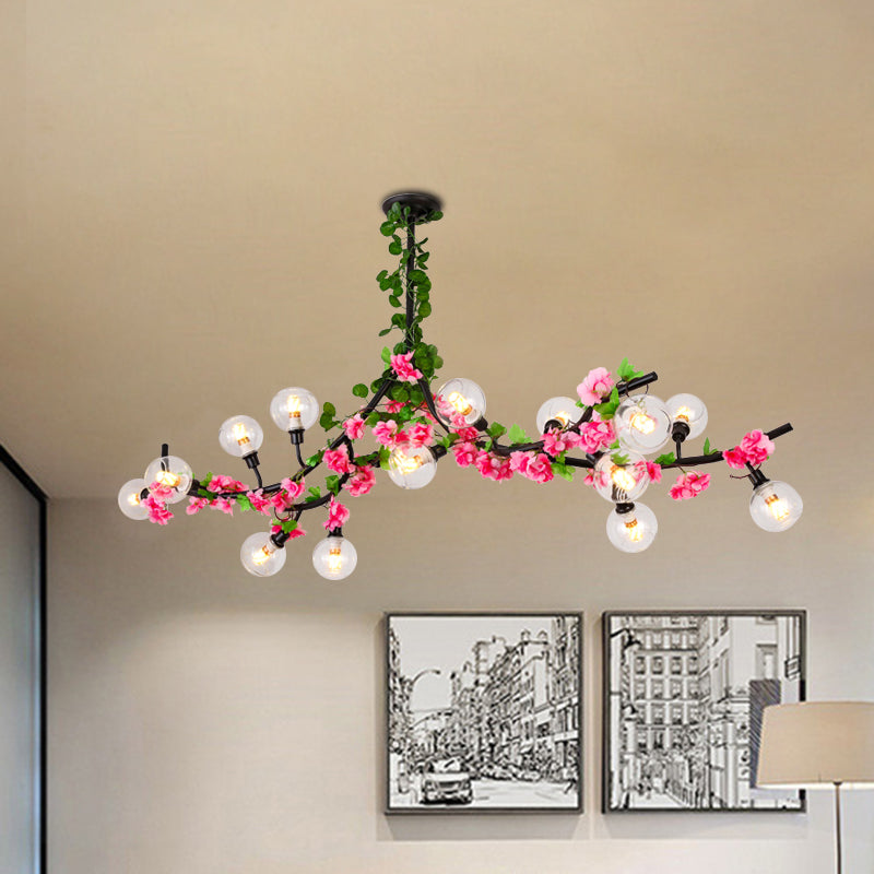 Green Metal Ceiling Mounted Dining Room Lighting with 15 Heads and Red/Pink Flower Vine