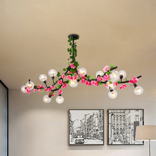 Green Metal Ceiling Mounted Dining Room Lighting With 15 Heads And Red/Pink Flower Vine