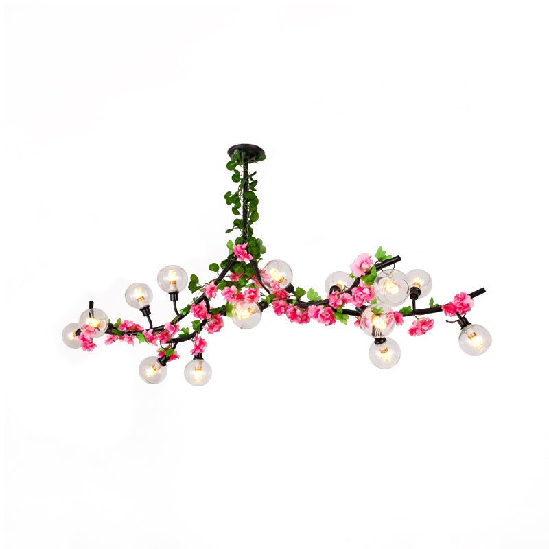 Green Metal Ceiling Mounted Dining Room Lighting with 15 Heads and Red/Pink Flower Vine