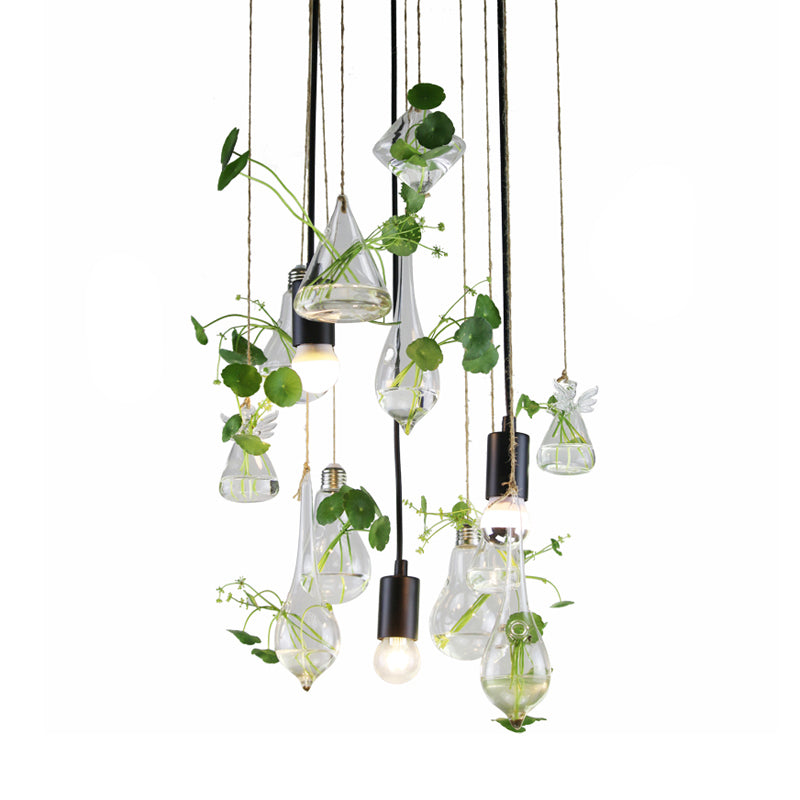 Industrial Clear Glass Teardrop 3-Light Planter Pendant with Open Bulb - Green