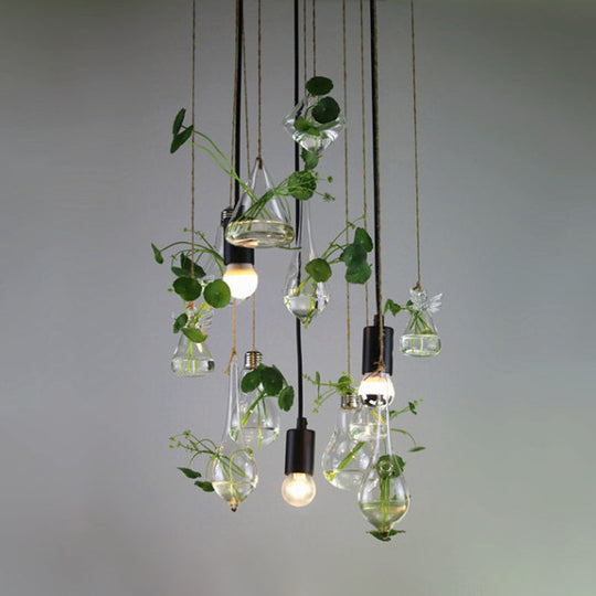 Industrial Clear Glass Teardrop 3-Light Planter Pendant with Open Bulb - Green