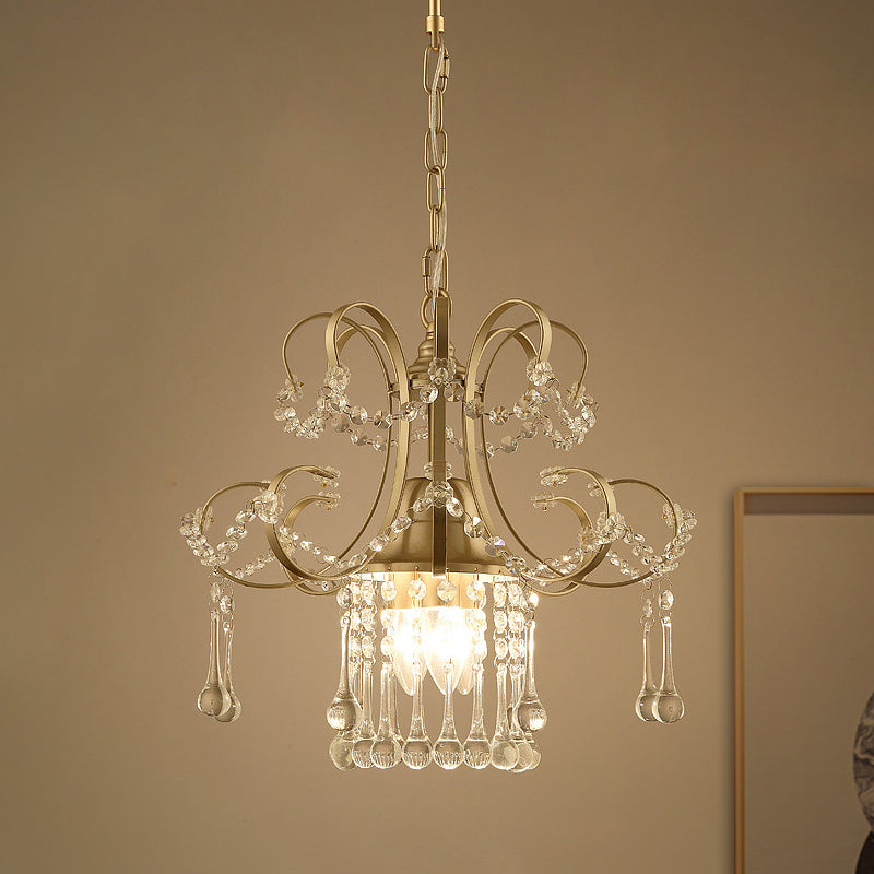 Contemporary Gold Metal Chandelier With Crystal Accents - 3 Lights Scrolling Pendulum Design