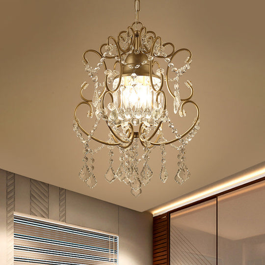 Gold Modernist Scroll Pendant Chandelier with Crystal Swag - 3 Heads, Hanging Ceiling Light