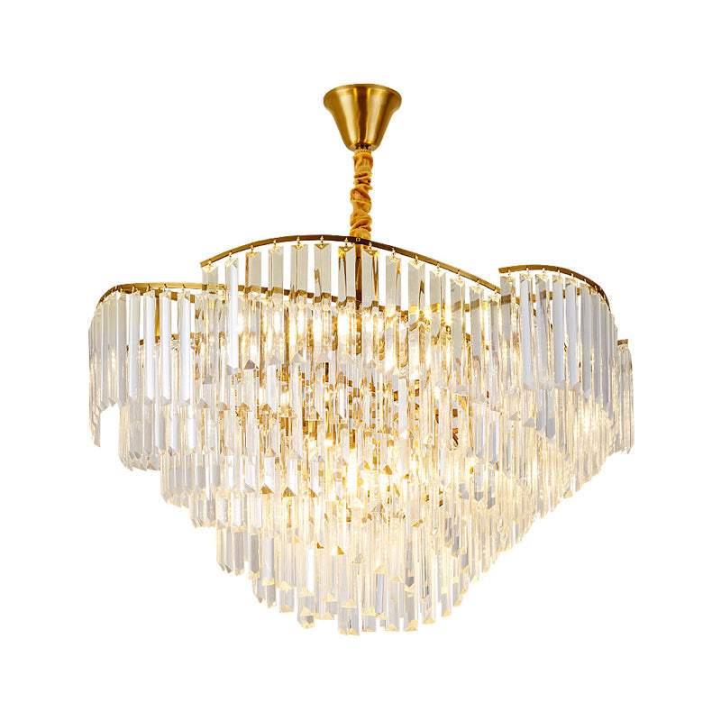 Modernist Led Crystal Block Brass Chandelier: 5-Head Spiral Ceiling Suspension Lamp